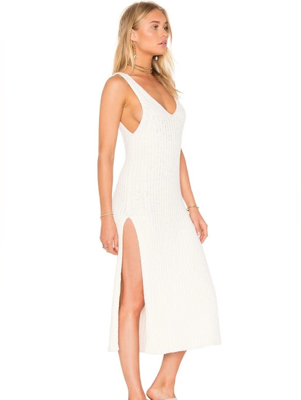 Free People Emmy Ribbed Cotton Sleeveless Sweater Dress, Medium V neck